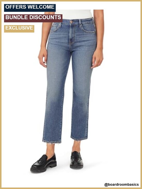 Denim - High Rise Straight Leg Jeans with Raw Edge - Stretch Denim